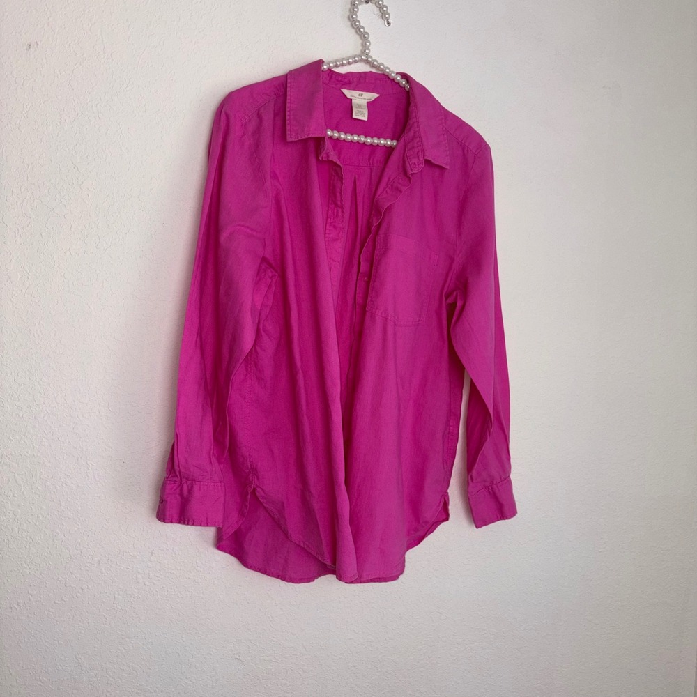 H&M Linen Blend Button Down Shirt M Fuchsia Pink Good Long Sleeve Collared